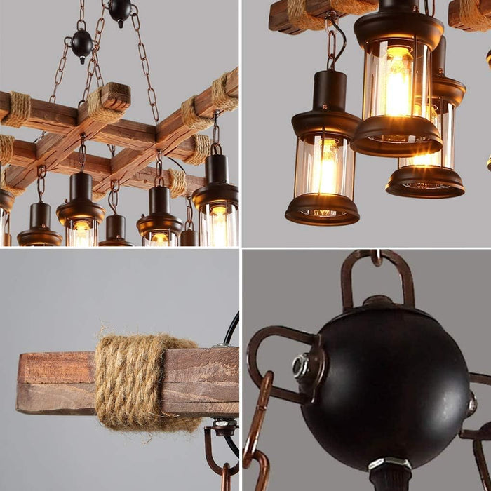 8‑light rustic wood beam pendant light, each beam 78cm, distressed wood jute rope clear glass lantern shade industrial pendant for dining room bar cafe kitchen island