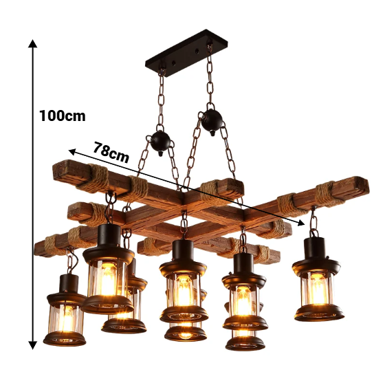 8‑light rustic wood beam pendant light, each beam 78cm, distressed wood jute rope clear glass lantern shade industrial pendant for dining room bar cafe kitchen island