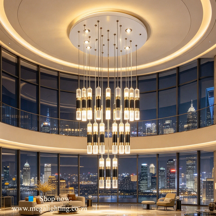 MG-CD458-23 23+4 LED Crystal Chandelier, 2.5m adjustable suspension, 3 colour wall switch control, black gold crystal tube staircase light MEGA LIGHTING South Africa