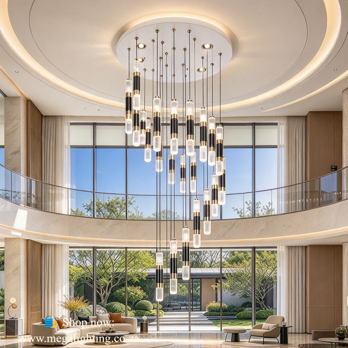 MG-CD458-23 23+4 LED Crystal Chandelier, 2.5m adjustable suspension, 3 colour wall switch control, black gold crystal tube staircase light MEGA LIGHTING South Africa