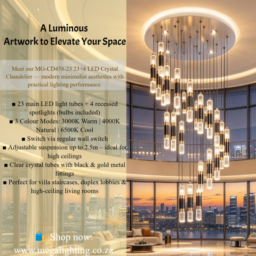 MG-CD458-23 23+4 LED Crystal Chandelier, 2.5m adjustable suspension, 3 colour wall switch control, black gold crystal tube staircase light MEGA LIGHTING South Africa