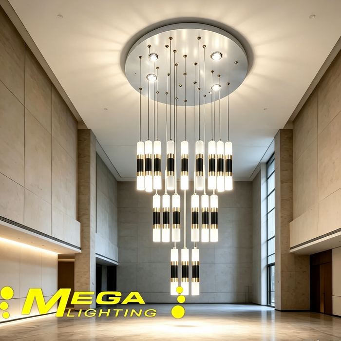 MG-CD458-23 23+4 LED Crystal Chandelier, 2.5m adjustable suspension, 3 colour wall switch control, black gold crystal tube staircase light MEGA LIGHTING South Africa