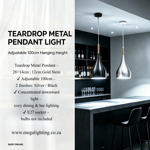 Teardrop gold metal pendant light adjustable height 100cm for dining room bar MEGA LIGHTING South Africa