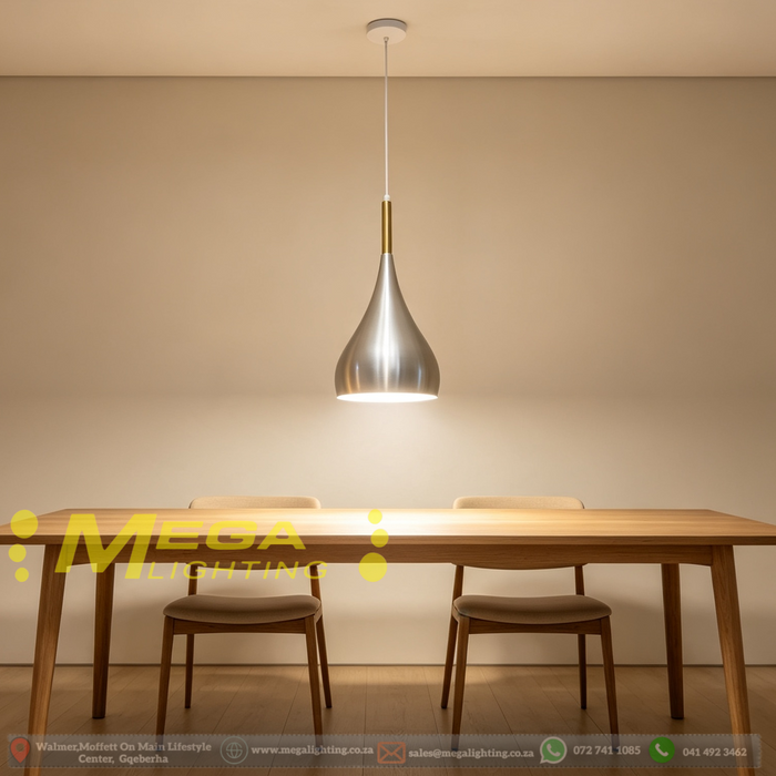 Adjustable Teardrop Metal Pendant Light – Max 100cm Height | Shade H28cm × D14cm | 12cm Gold Stem | Brushed Silver / Matte Black for Dining Room &amp; Bar | MEGA LIGHTING South Africa