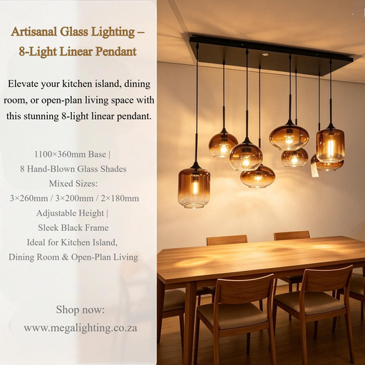 8-light linear pendant light with hand-blown amber and smoked glass shades, modern long hanging ceiling lamp for kitchen island dining table open plan living room, MEGA LIGHTING South Africa