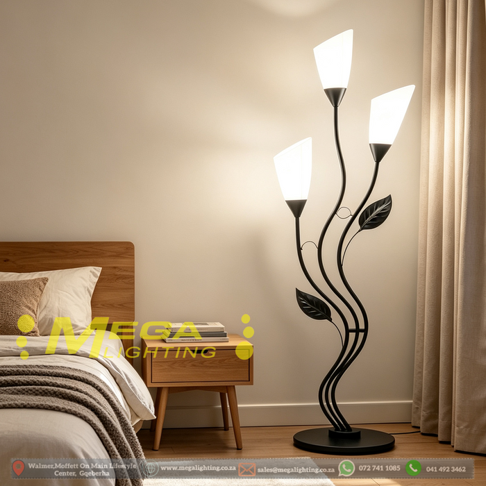 Main image:164cm artistic floral black metal floor lamp with frosted white shades, 3‑light E27 floor light MEGA LIGHTING South Africa