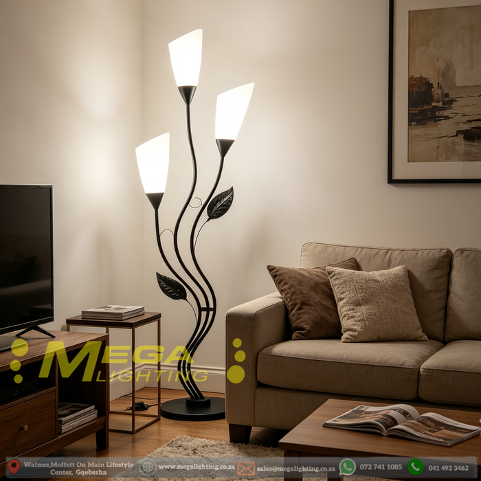 Main image:164cm artistic floral black metal floor lamp with frosted white shades, 3‑light E27 floor light MEGA LIGHTING South Africa