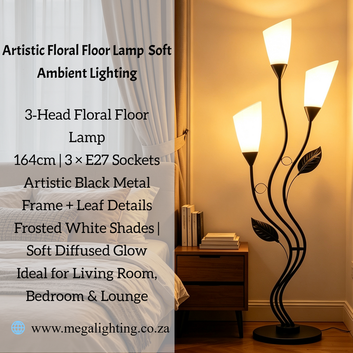 Main image:164cm artistic floral black metal floor lamp with frosted white shades, 3‑light E27 floor light MEGA LIGHTING South Africa