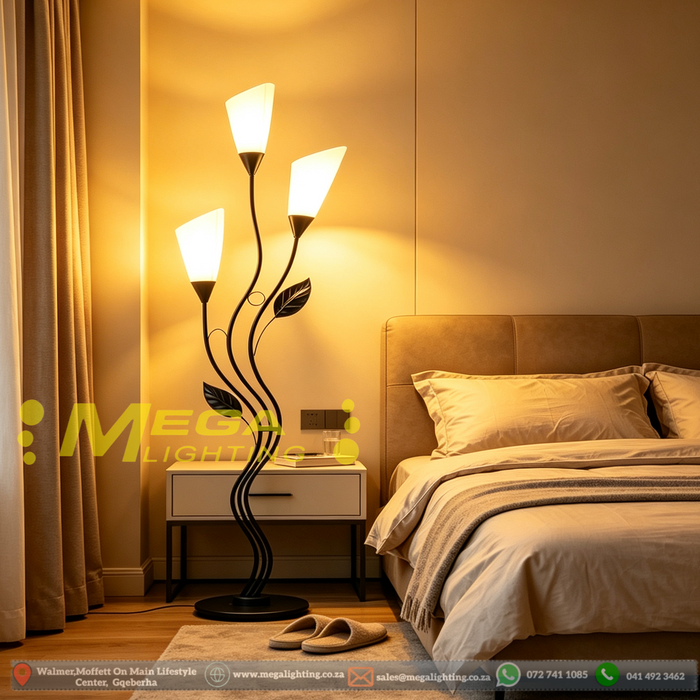 Main image:164cm artistic floral black metal floor lamp with frosted white shades, 3‑light E27 floor light MEGA LIGHTING South Africa