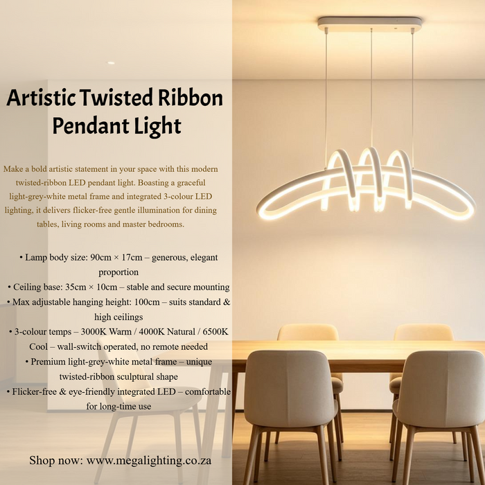 MG‑HF8263 artistic twisted‑ribbon LED pendant light 90×17cm light‑grey‑white frame adjustable 100cm MEGA LIGHTING South Africa