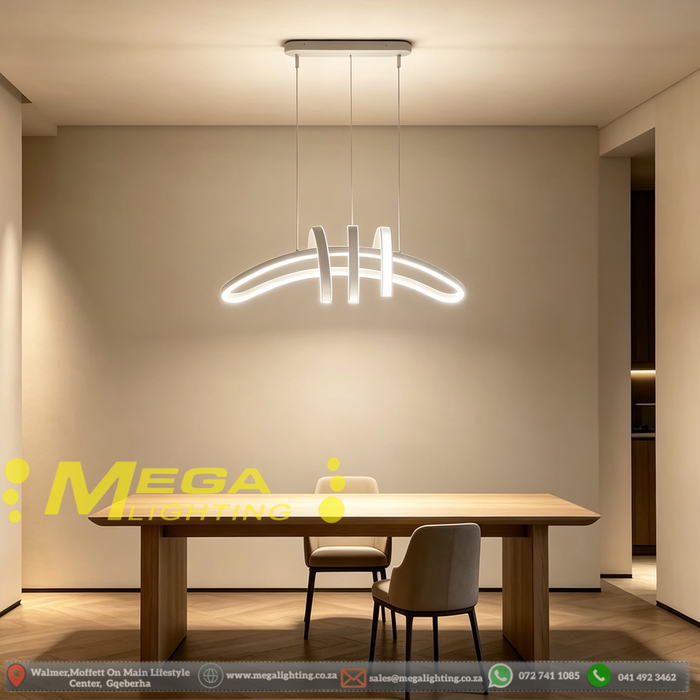 MG‑HF8263 artistic twisted‑ribbon LED pendant light 90×17cm light‑grey‑white frame adjustable 100cm MEGA LIGHTING South Africa