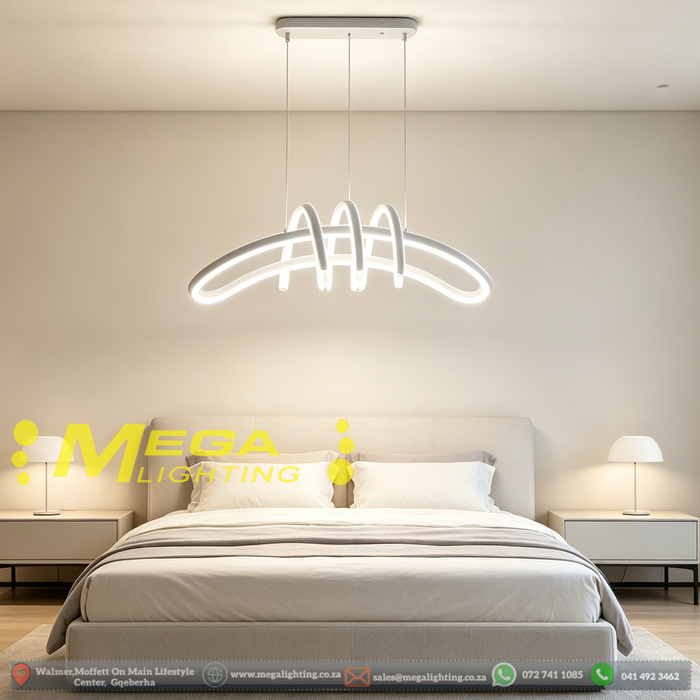 MG‑HF8263 artistic twisted‑ribbon LED pendant light 90×17cm light‑grey‑white frame adjustable 100cm MEGA LIGHTING South Africa