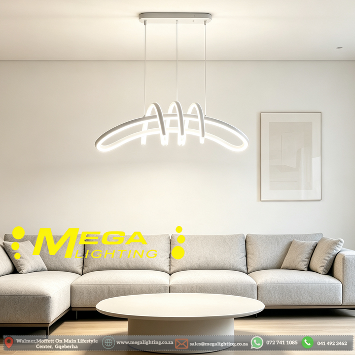 MG‑HF8263 artistic twisted‑ribbon LED pendant light 90×17cm light‑grey‑white frame adjustable 100cm MEGA LIGHTING South Africa