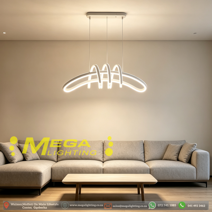 MG‑HF8263 artistic twisted‑ribbon LED pendant light 90×17cm light‑grey‑white frame adjustable 100cm MEGA LIGHTING South Africa