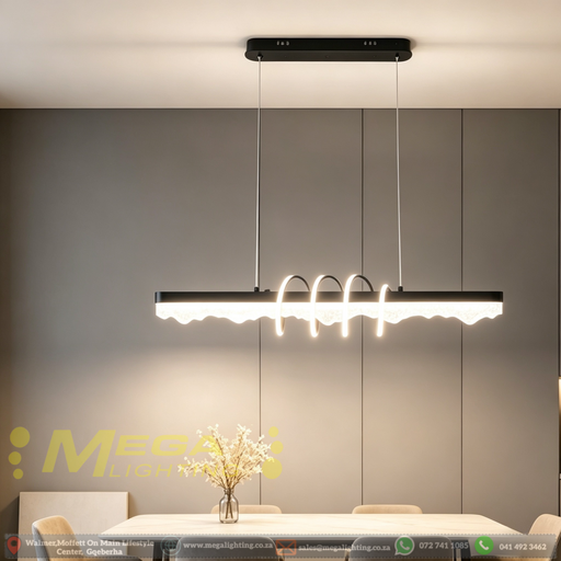 1.2m matte black linear LED pendant light with wavy crystal shade, 3 colour temperature 3000K 4000K 6500K modern chandelier for dining room living room master bedroom, Mega Lighting South Africa