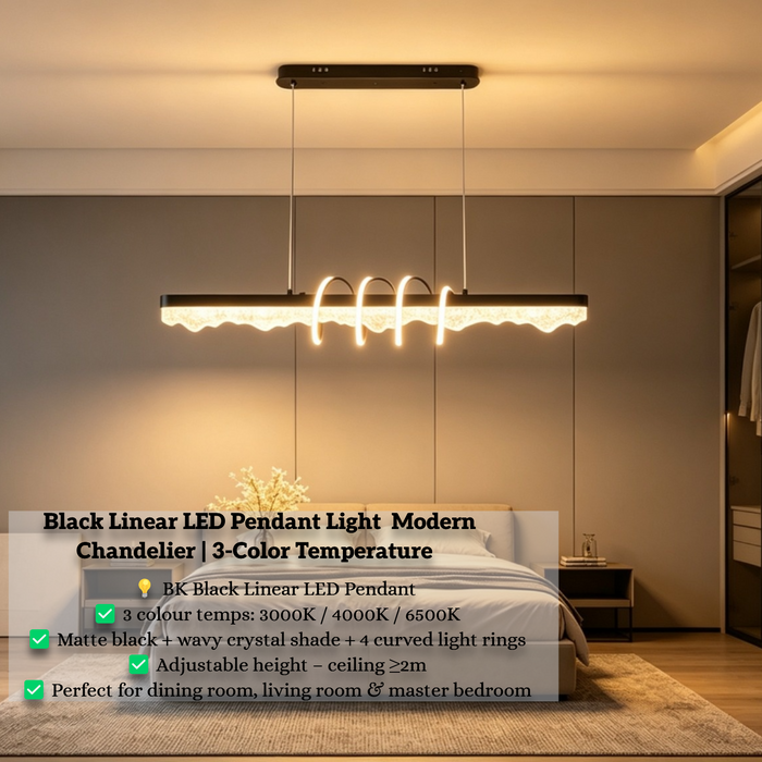 1.2m matte black linear LED pendant light with wavy crystal shade, 3 colour temperature 3000K 4000K 6500K modern chandelier for dining room living room master bedroom, Mega Lighting South Africa