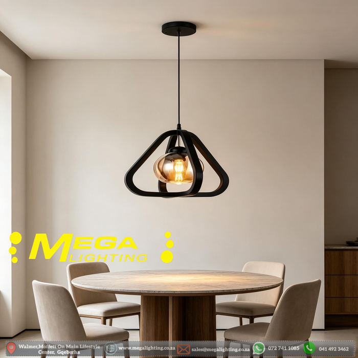 Main image: MEG+M253 geometric triangle pendant light, matte black frame amber glass shade adjustable cord MEGA LIGHTING South Africa