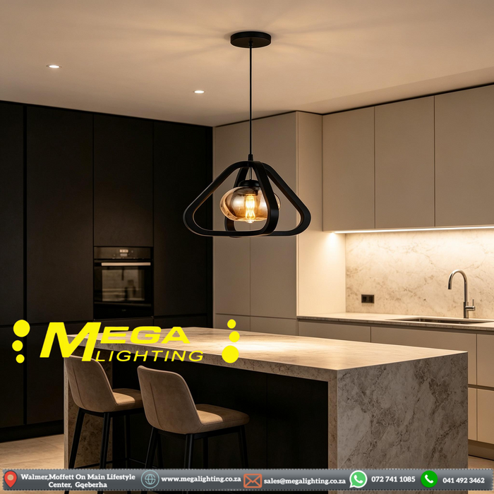 Main image: MEG+M253 geometric triangle pendant light, matte black frame amber glass shade adjustable cord MEGA LIGHTING South Africa