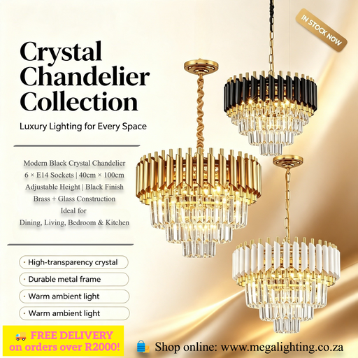 Main hero image: Crystal Chandelier Collection 3 Style Options 40cm 6 E14 Light MEGA LIGHTING South Africa