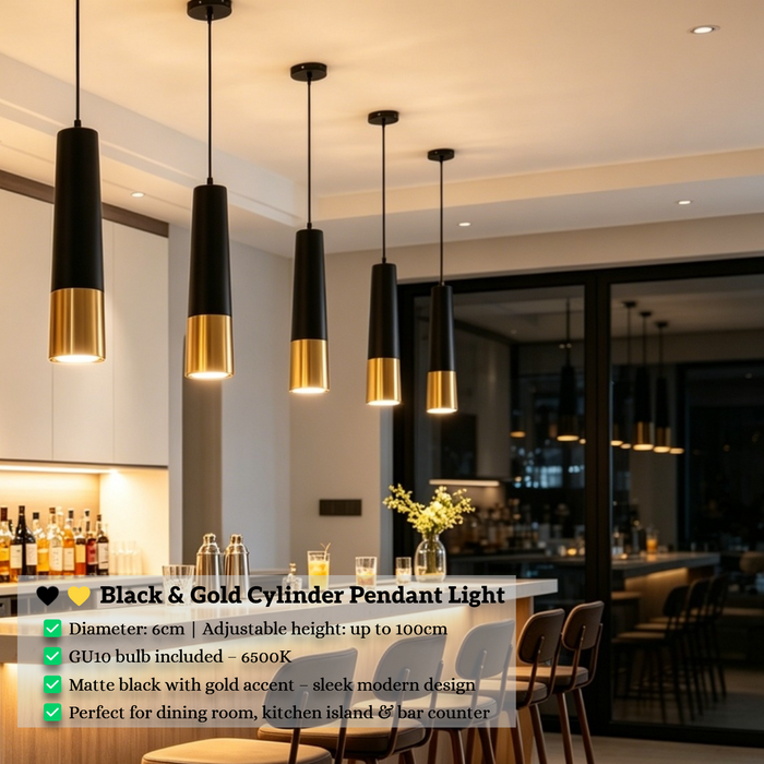 Black and gold cylinder pendant light with adjustable height and GU10 LED bulb, modern dining room lighting.