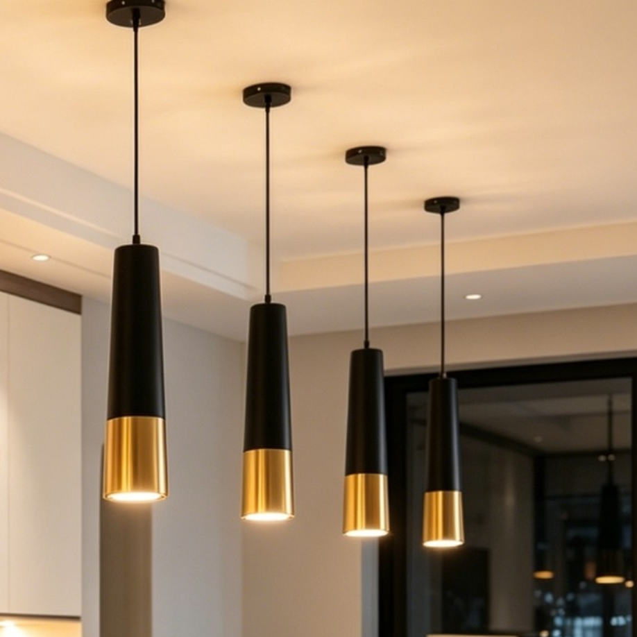 Black & Gold Cylinder Pendant Light | 6cm Diameter | Dimmable GU10 LED (3000K/4000K/6500K) | Adjustable 1m Height 