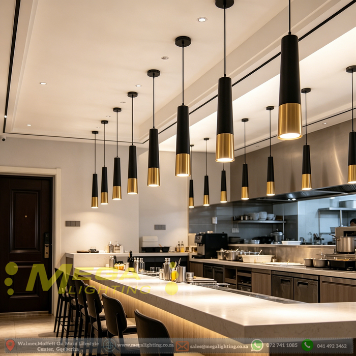 Black and gold cylinder pendant light with adjustable height and GU10 LED bulb, modern dining room lighting.