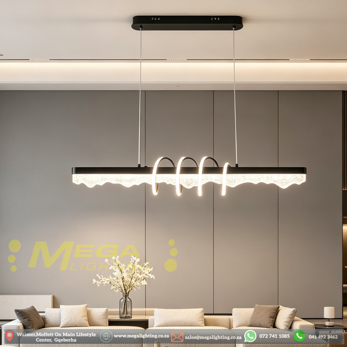 Modern Wave Linear LED Chandelier | Gold / Black Frame Options | 3-Color CCT (3000K/4000K/6500K) | Wavy Crystal Shade + 4 Curved Rings | 1.2m Length, Adjustable Height for Dining Room, Living Room &amp; Bedroom | MEGA LIGHTING South Africa