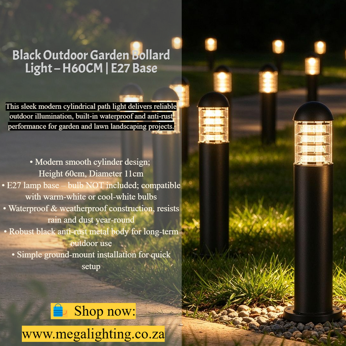 Black 60cm outdoor garden bollard light, waterproof E27 cylinder pathway light for South African garden landscape