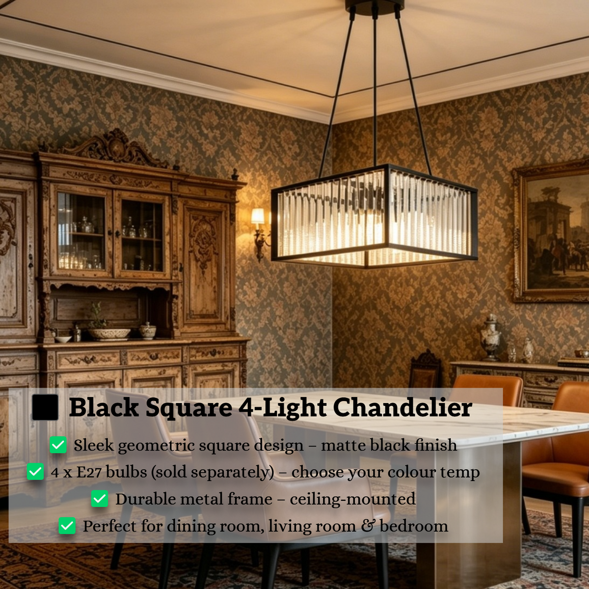 Black Square 4-Light Chandelier | Modern Geometric Pendant | Adjustable ...