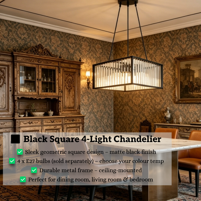 Black square 4-light chandelier with matte black finish, geometric design, installed above a modern dining table.