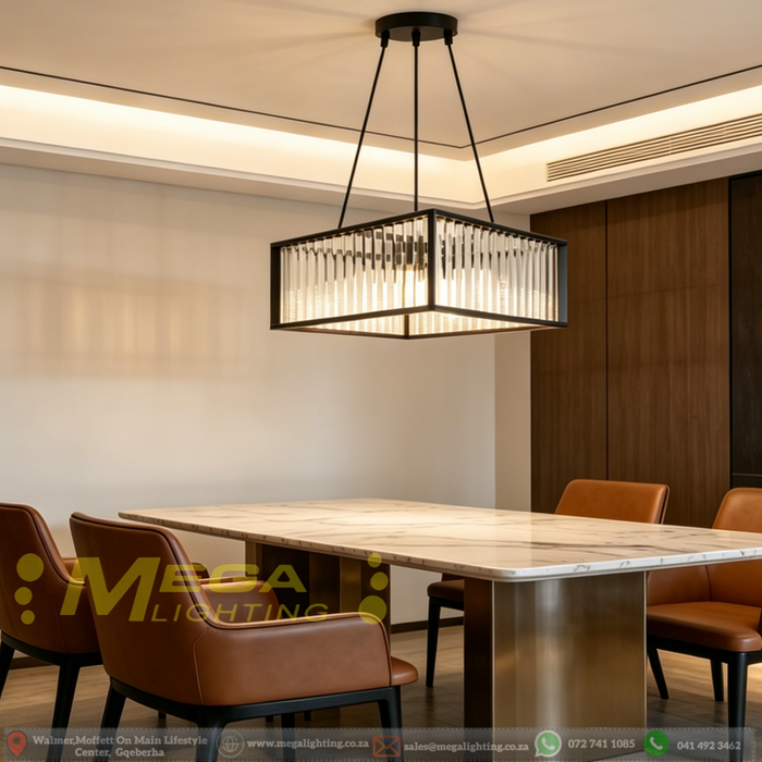 Black square 4-light chandelier with matte black finish, geometric design, installed above a modern dining table.