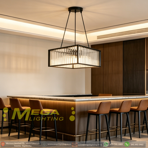 Black square 4-light chandelier with matte black finish, geometric design, installed above a modern dining table.