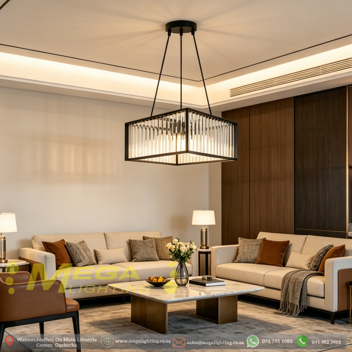 Black square 4-light chandelier with matte black finish, geometric design, installed above a modern dining table.