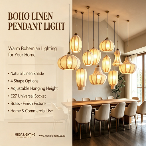 Boho Linen Fabric Pendant Light 4 shapes E27 socket adjustable height natural linen shade dining room cafe kitchen island home bar MEGA LIGHTING South Africa