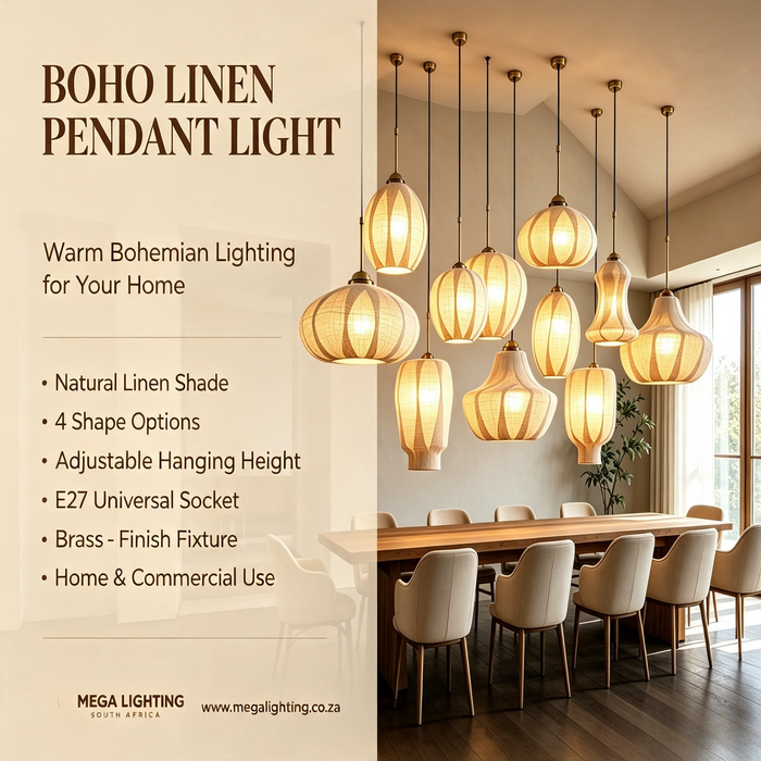 Boho Linen Fabric Pendant Light 4 shapes E27 socket adjustable height natural linen shade dining room cafe kitchen island home bar MEGA LIGHTING South Africa