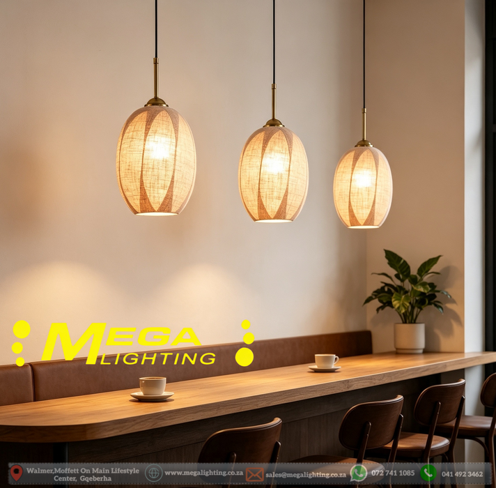 Boho Linen Fabric Pendant Light 4 shapes E27 socket adjustable height natural linen shade dining room cafe kitchen island home bar MEGA LIGHTING South Africa