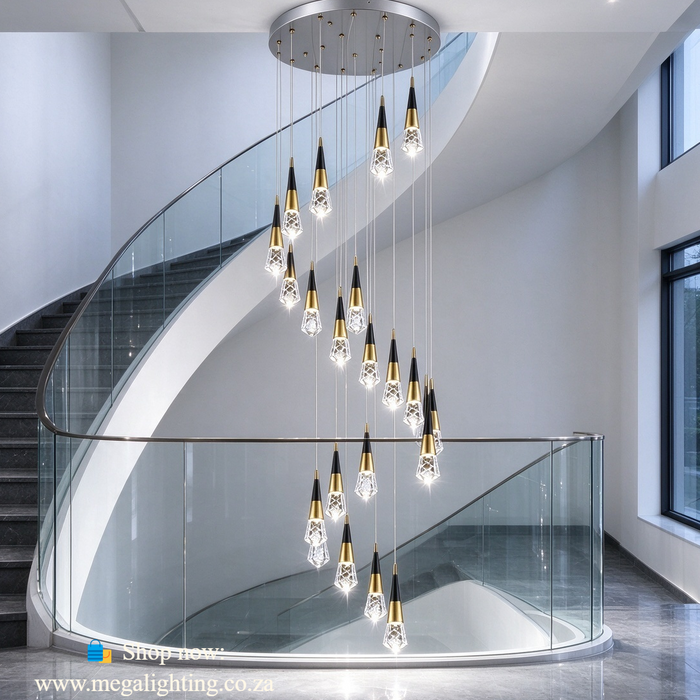 Cascading Crystal Chandelier with 24 teardrop pendants, 2.5m adjustable suspension 3‑colour LED high‑ceiling villa staircase light MEGA LIGHTING South Africa