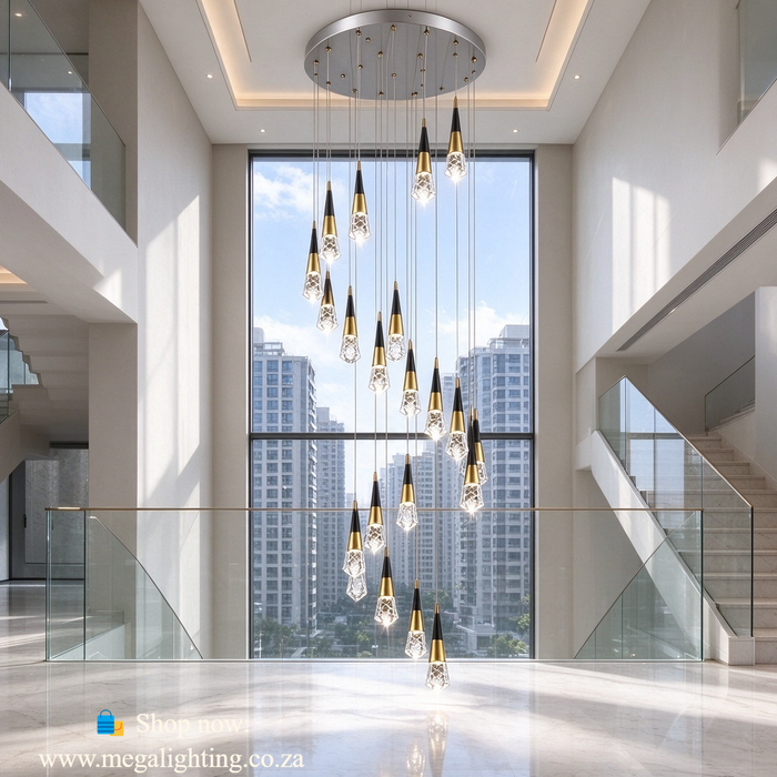 Cascading Crystal Chandelier with 24 teardrop pendants, 2.5m adjustable suspension 3‑colour LED high‑ceiling villa staircase light MEGA LIGHTING South Africa