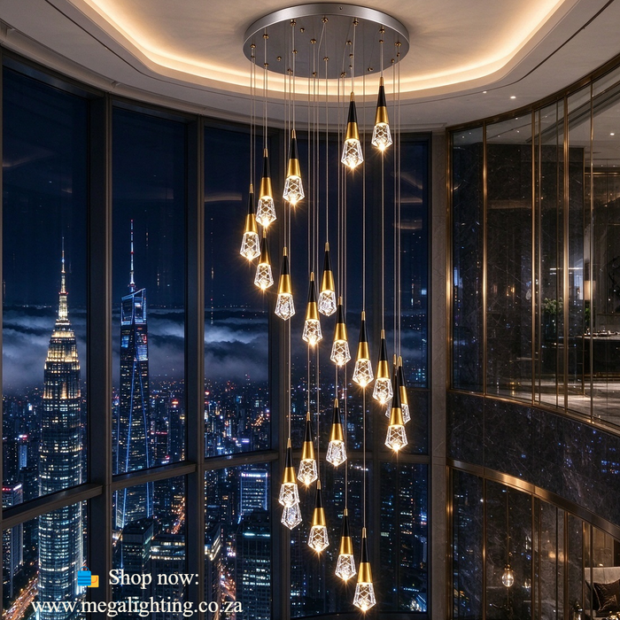 Cascading Crystal Chandelier with 24 teardrop pendants, 2.5m adjustable suspension 3‑colour LED high‑ceiling villa staircase light MEGA LIGHTING South Africa