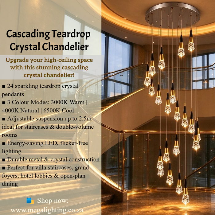 Cascading Crystal Chandelier with 24 teardrop pendants, 2.5m adjustable suspension 3‑colour LED high‑ceiling villa staircase light MEGA LIGHTING South Africa