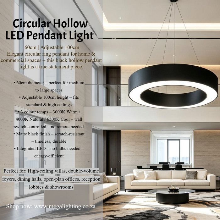 MG‑GH2623 circular hollow ring LED pendant light 60cm matte‑black adjustable 100cm height MEGA LIGHTING South Africa