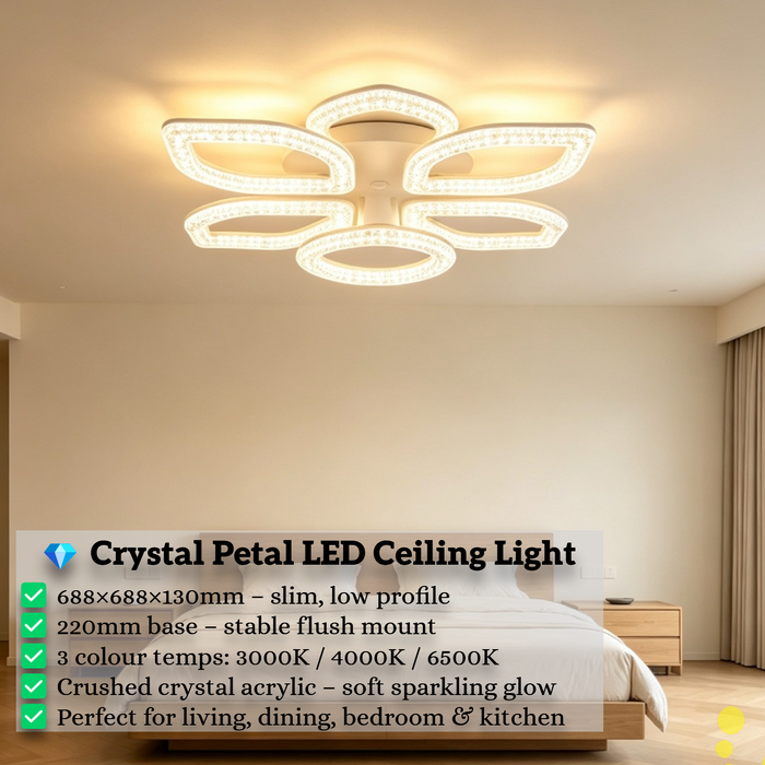 688mm modern 5-petal crystal LED flush ceiling light, 3-colour dimmable 3000K 4000K 6500K crushed crystal acrylic low profile ceiling lamp for living room dining room bedroom kitchen, MEGA LIGHTING South Africa