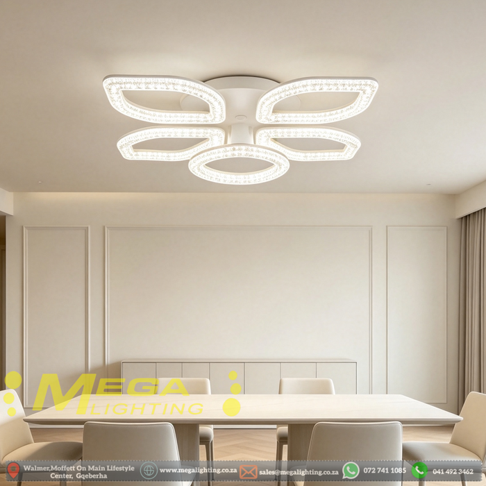 688mm modern 5-petal crystal LED flush ceiling light, 3-colour dimmable 3000K 4000K 6500K crushed crystal acrylic low profile ceiling lamp for living room dining room bedroom kitchen, MEGA LIGHTING South Africa