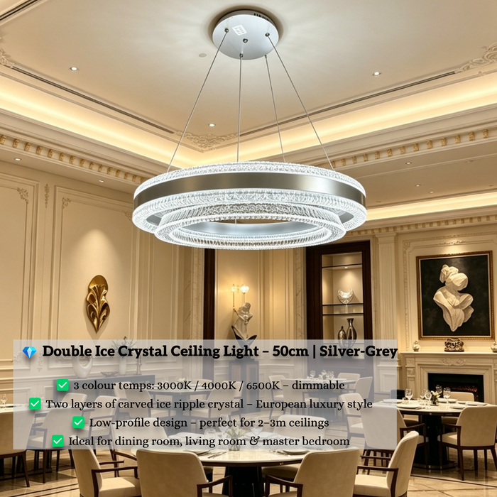 50cm double ice crystal ring flush ceiling light, 3-colour temperature dimmable low-profile European luxury lamp for dining room living room master bedroom, MEGA LIGHTING South Africa