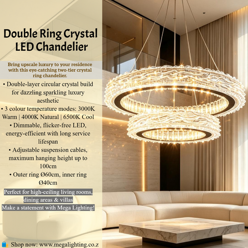 2-Tier Double Ring Crystal LED Chandelier 60/40cm 3-Colour Dimmable 100cm Adjustable Height Luxury Pendant Light MEGA LIGHTING South Africa