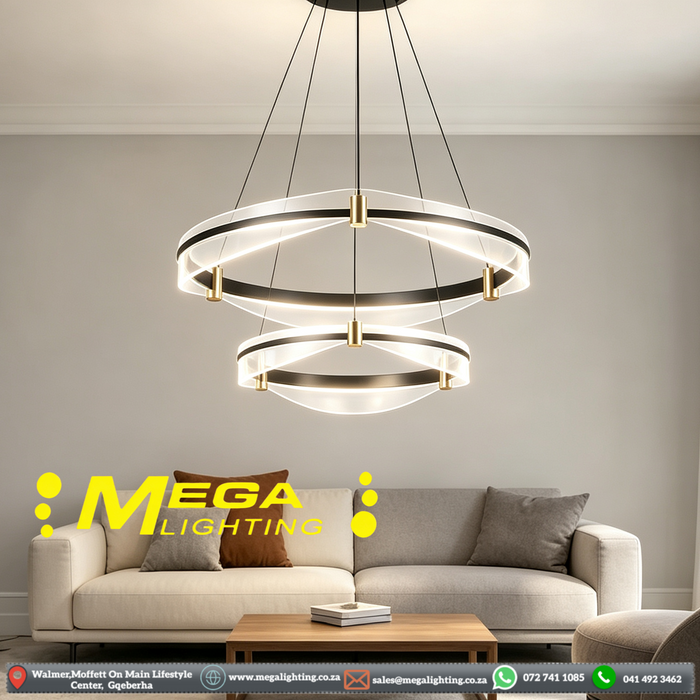 MG‑9352‑400/500 double‑ring LED pendant light 50cm+40cm black‑gold clear acrylic shades adjustable height MEGA LIGHTING South Africa