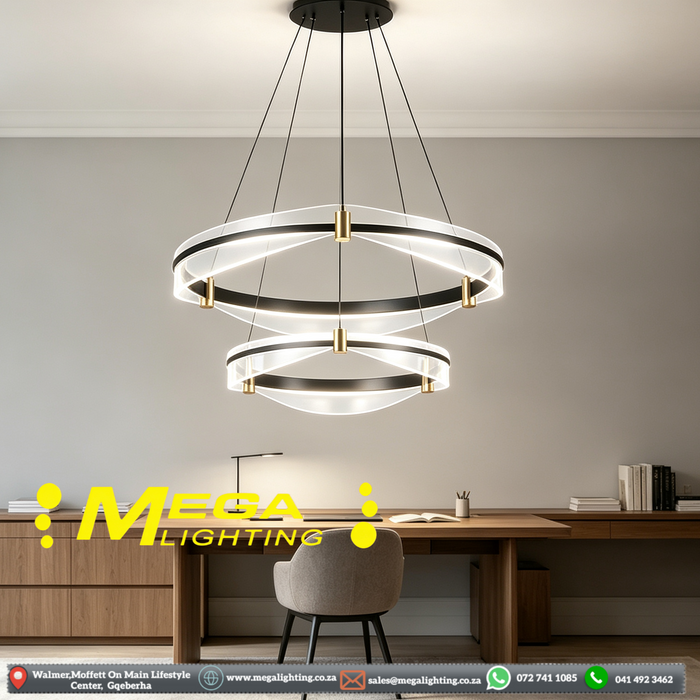 MG‑9352‑400/500 double‑ring LED pendant light 50cm+40cm black‑gold clear acrylic shades adjustable height MEGA LIGHTING South Africa
