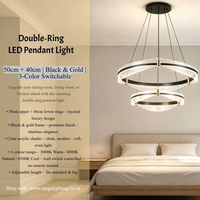 MG‑9352‑400/500 double‑ring LED pendant light 50cm+40cm black‑gold clear acrylic shades adjustable height MEGA LIGHTING South Africa