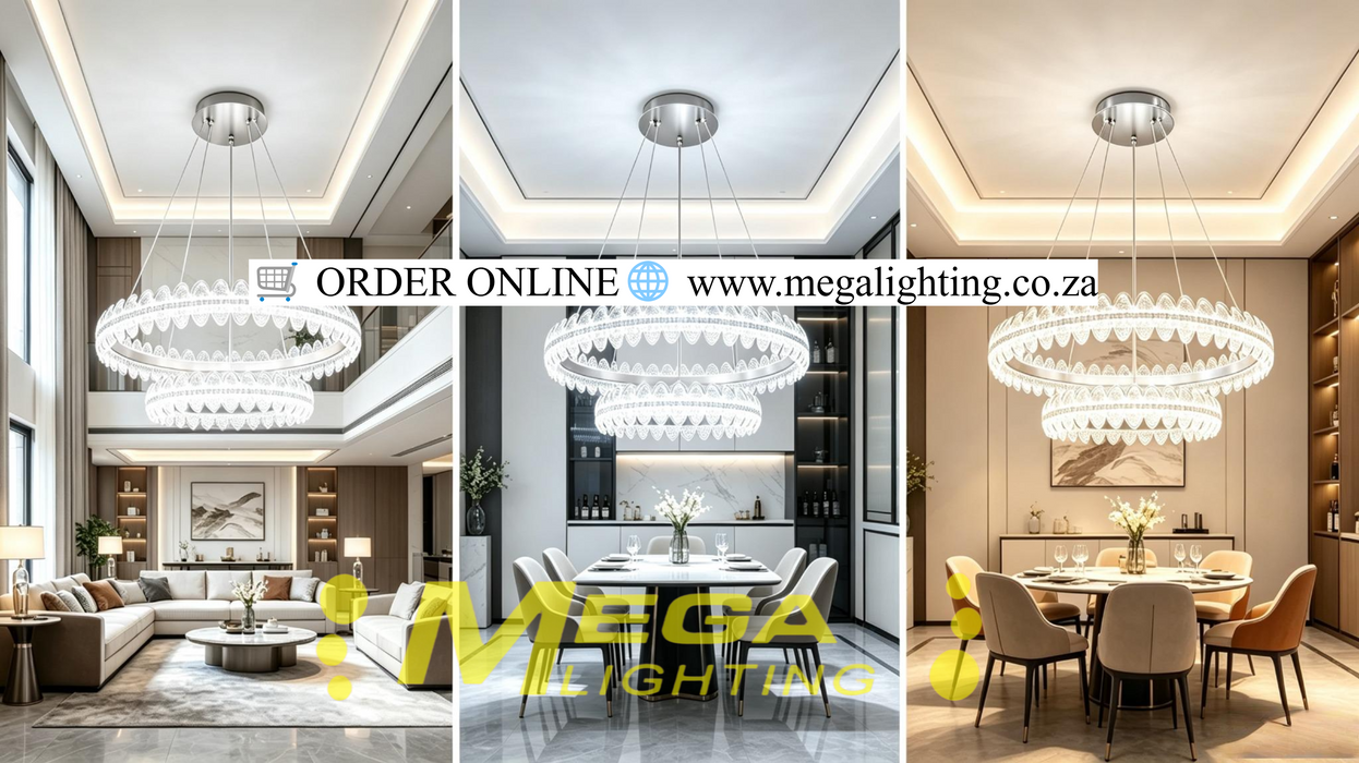MG‑2628‑4.8 double‑ring crystal chandelier polished gold‑frame 57+37cm 3‑colour switchable adjustable‑110cm MEGA LIGHTING South Africa