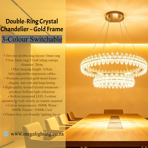 MG‑2628‑4.8 double‑ring crystal chandelier polished gold‑frame 57+37cm 3‑colour switchable adjustable‑110cm MEGA LIGHTING South Africa